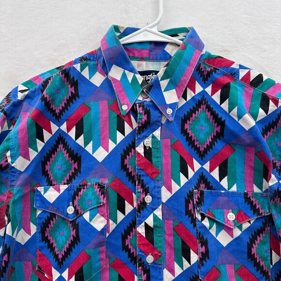 Vintage Wrangler Shirt Mens L 16.5/34 Blue Western Aztec Brushpopper Cowboy - Picture 2 of 7